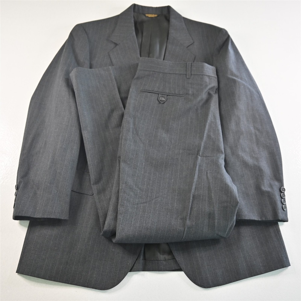 Vtg Adams Row 44R 38x30‎ Gray Striped USA Made Mens Jacket Pants Suit